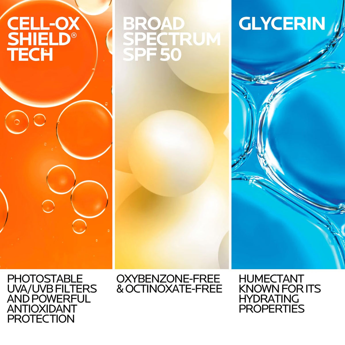 Three product features with bubbles and text on an orange, white, and blue background.