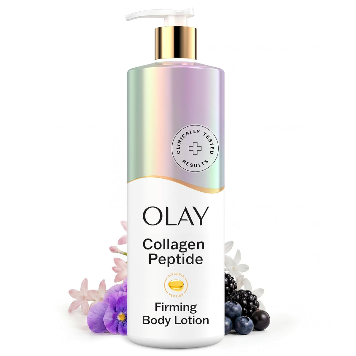 Olay Collagen Peptide Firming Body Lotion bottle with a white background