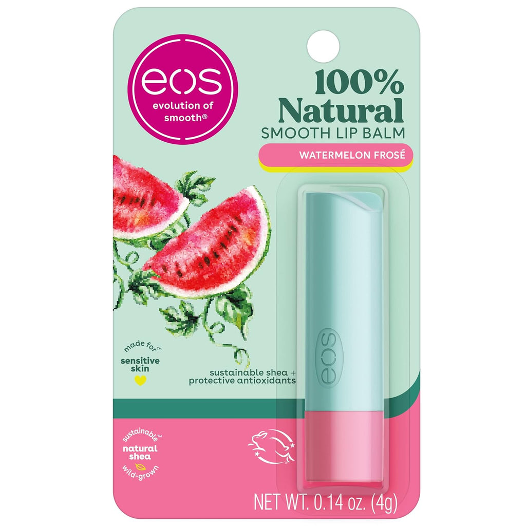 Eos 100% Natural Smooth Lip Balm in Watermelon Frosé flavor, shown in its original blister card packaging. The lip balm stick itself is light blue with a pink cap, and the packaging features illustrations of watermelon slices on a mint green and pink background.