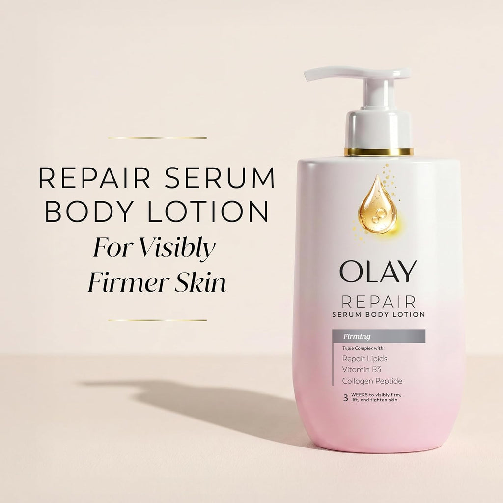 Olay Repair Serum Body Lotion in a white pump bottle with a soft pink base, shown on a warm beige background with promotional text reading 'Repair Serum Body Lotion For Visibly Firmer Skin'.