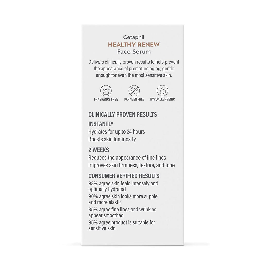 A tall, narrow white product information card for Cetaphil Healthy Renew Face Serum, featuring black text and brown headings on a light gray background with a soft shadow at the bottom.
