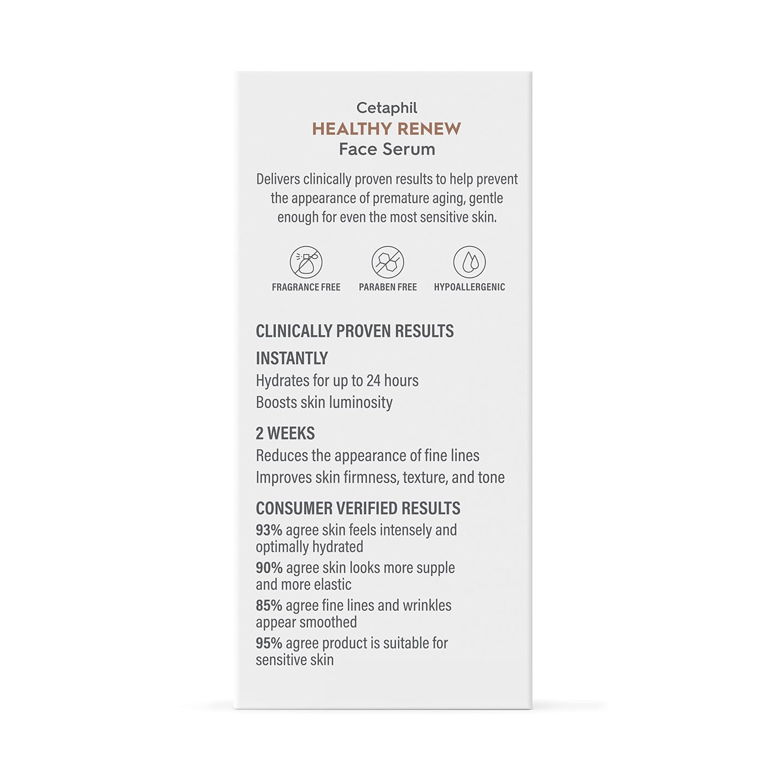 A tall, narrow white product information card for Cetaphil Healthy Renew Face Serum, featuring black text and brown headings on a light gray background with a soft shadow at the bottom.