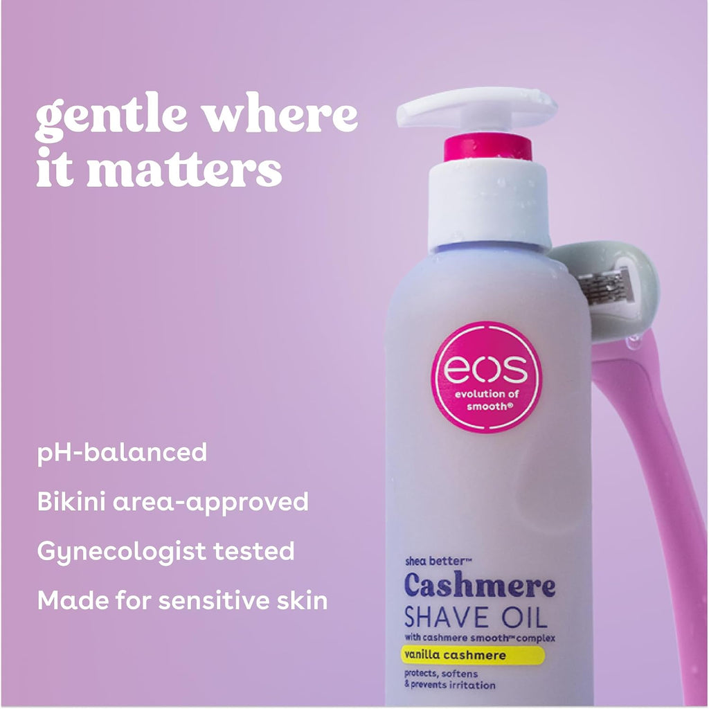 EOS Cashmere Shave Oil bottle on a purple background with product features listed.