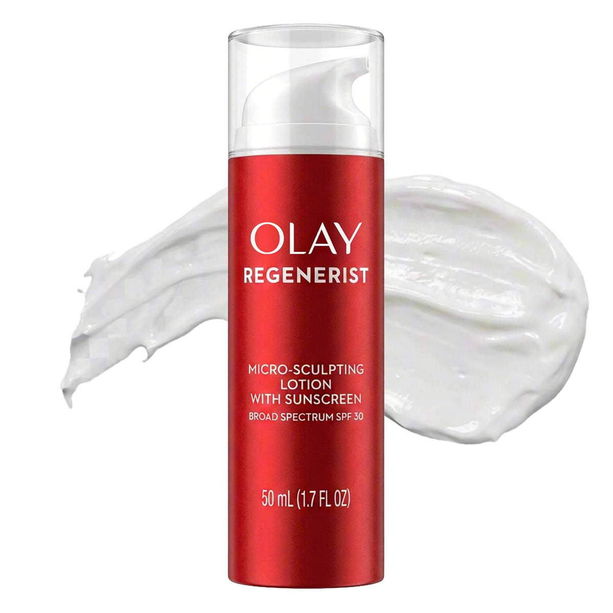 Olay Regenerist Micro-Sculpting Lotion with Sunscreen in a red pump bottle, shown with a white cream swatch behind it on a white background.