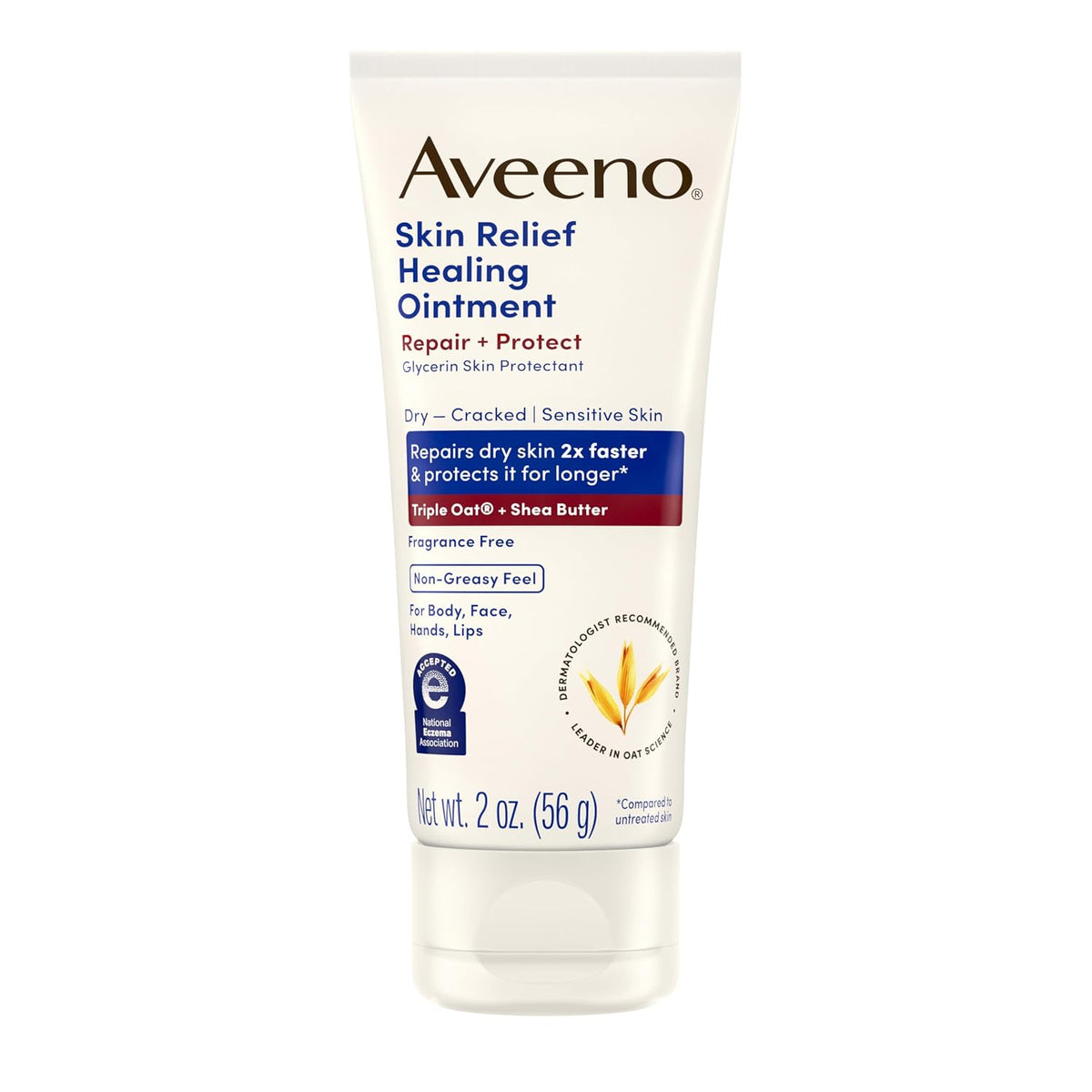 Aveeno Skin Relief Healing Ointment in a 2 oz white squeeze tube with blue and red text, shown on a plain white background.