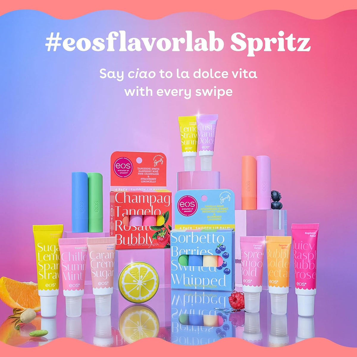 Collection of EOS lip balm tubes with colorful packaging on a gradient background