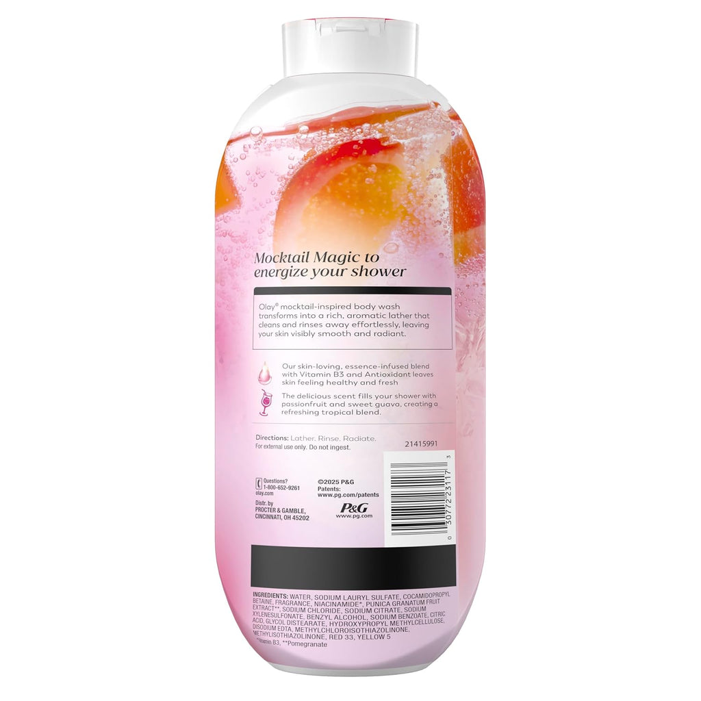 Back view of a pink bottle with text and branding on a white background