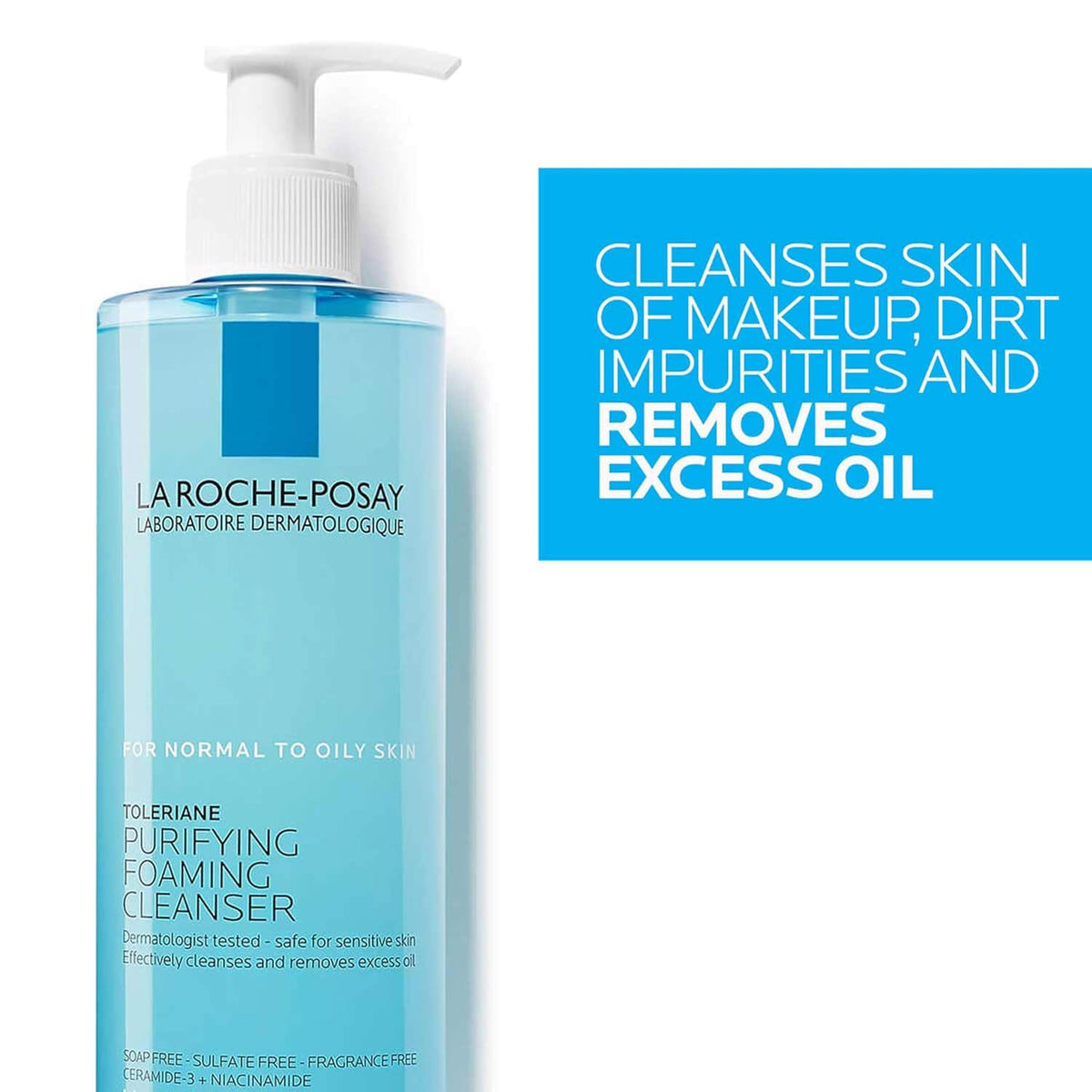 La Roche-Posay cleanser bottle with text on a white background