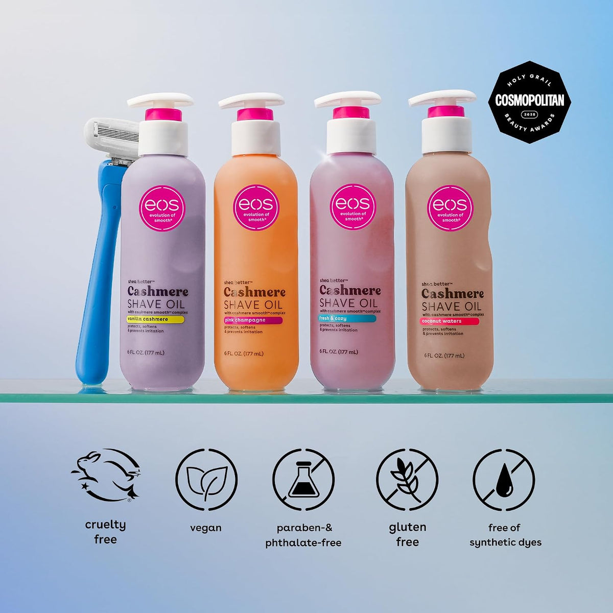 Four EOS Cashmere Shave Oil bottles in lavender, orange, pink, and beige, displayed on a shelf next to a blue razor, with product features and award badges below.