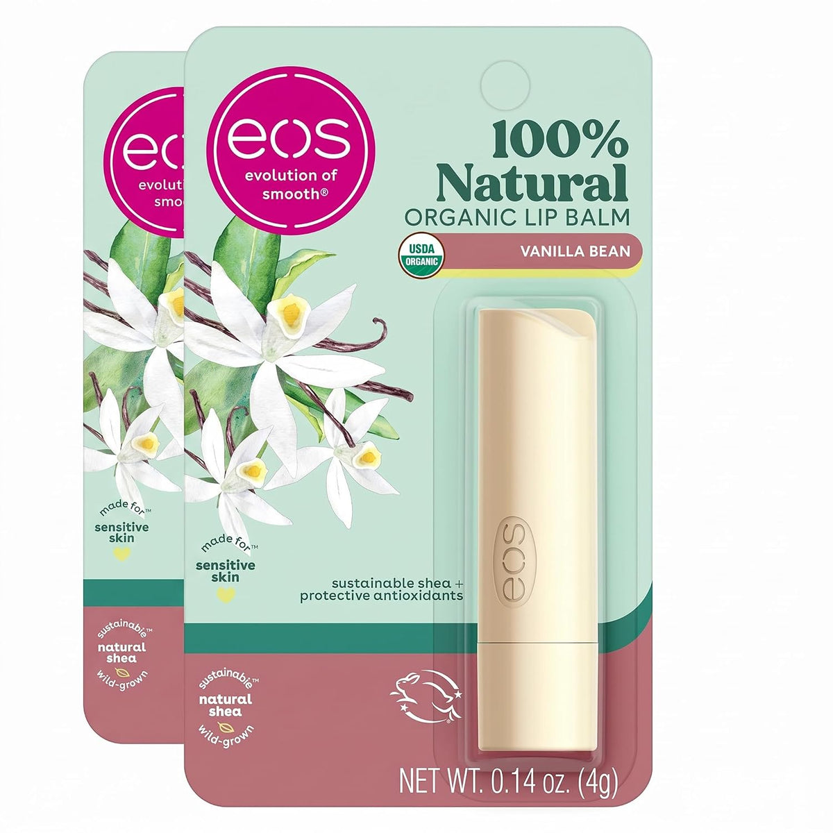 Two EOS 100% Natural Organic Lip Balm tubes in Vanilla Bean scent, packaged in mint green and dusty rose blister cards with vanilla flower illustrations.