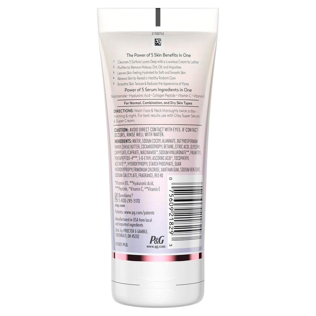 Olay | Super Cleanser 5-in-1 Cream-to-Foam Face Wash Niacinamide Hyaluronic Acid Collagen Peptide Vitamin C Fragrance Free — 2 Pack