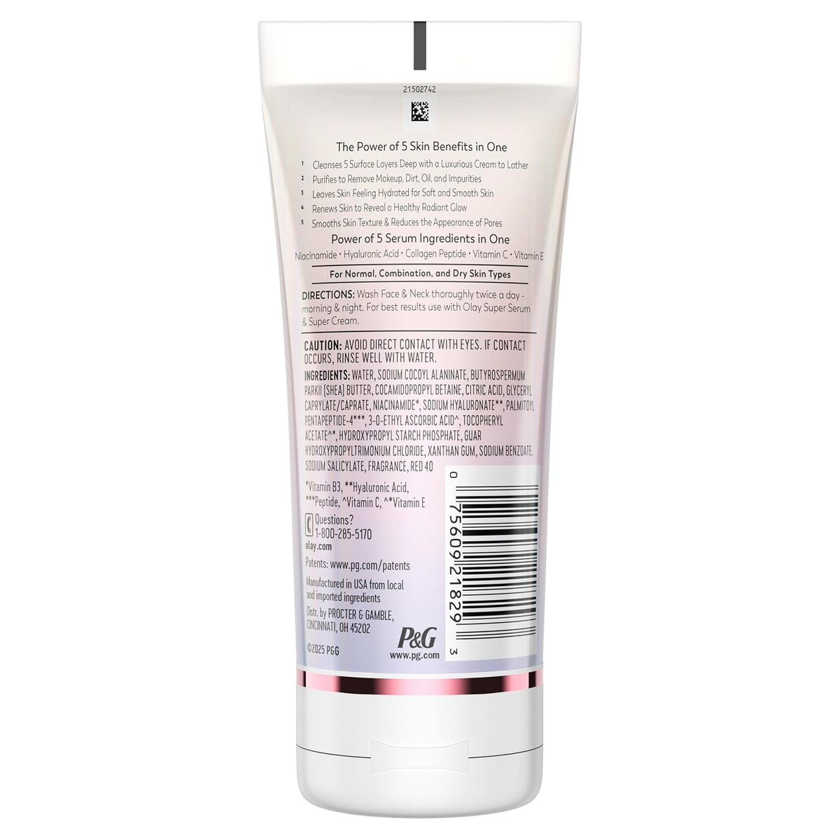 Olay | Super Cleanser 5-in-1 Cream-to-Foam Face Wash Niacinamide Hyaluronic Acid Collagen Peptide Vitamin C Fragrance Free — 2 Pack