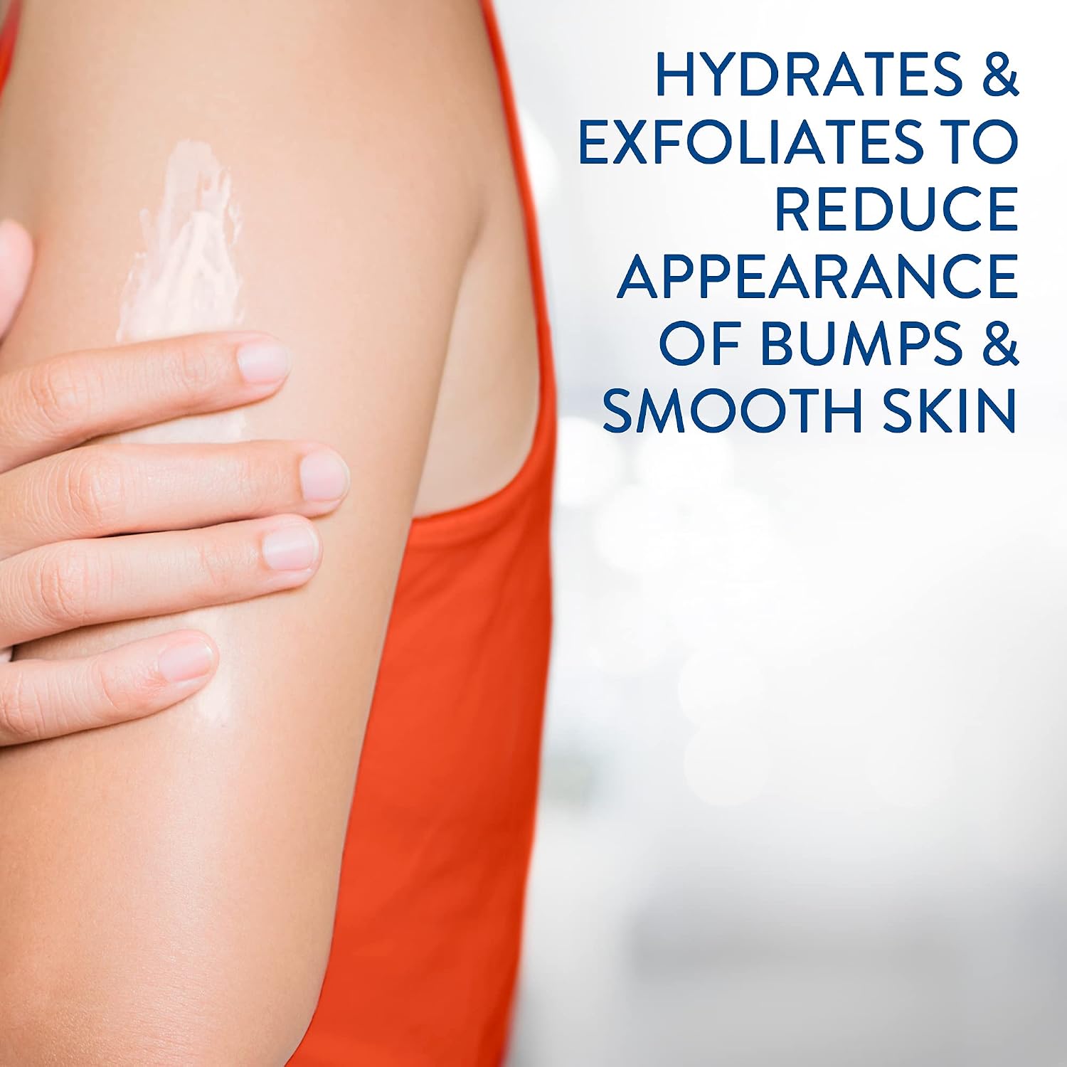 Person applying a skincare product to their arm with text about hydrating and exfoliating.