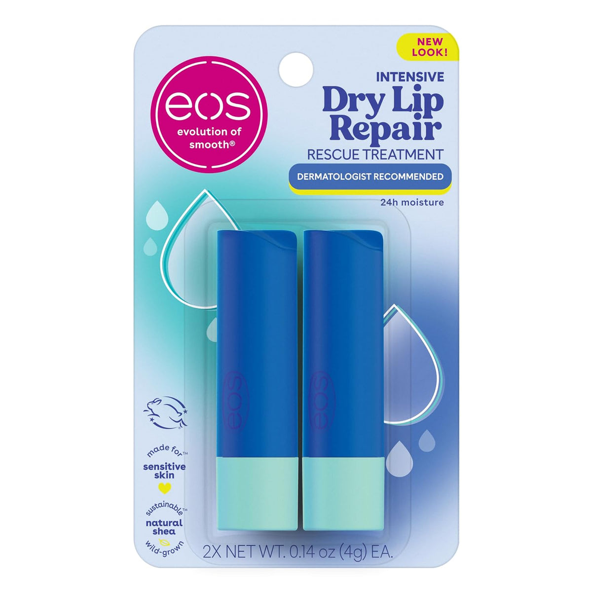 Two blue and mint EOS Dry Lip Repair Rescue Treatment lip balm sticks in their original retail blister packaging, featuring a light blue card with water droplet graphics.