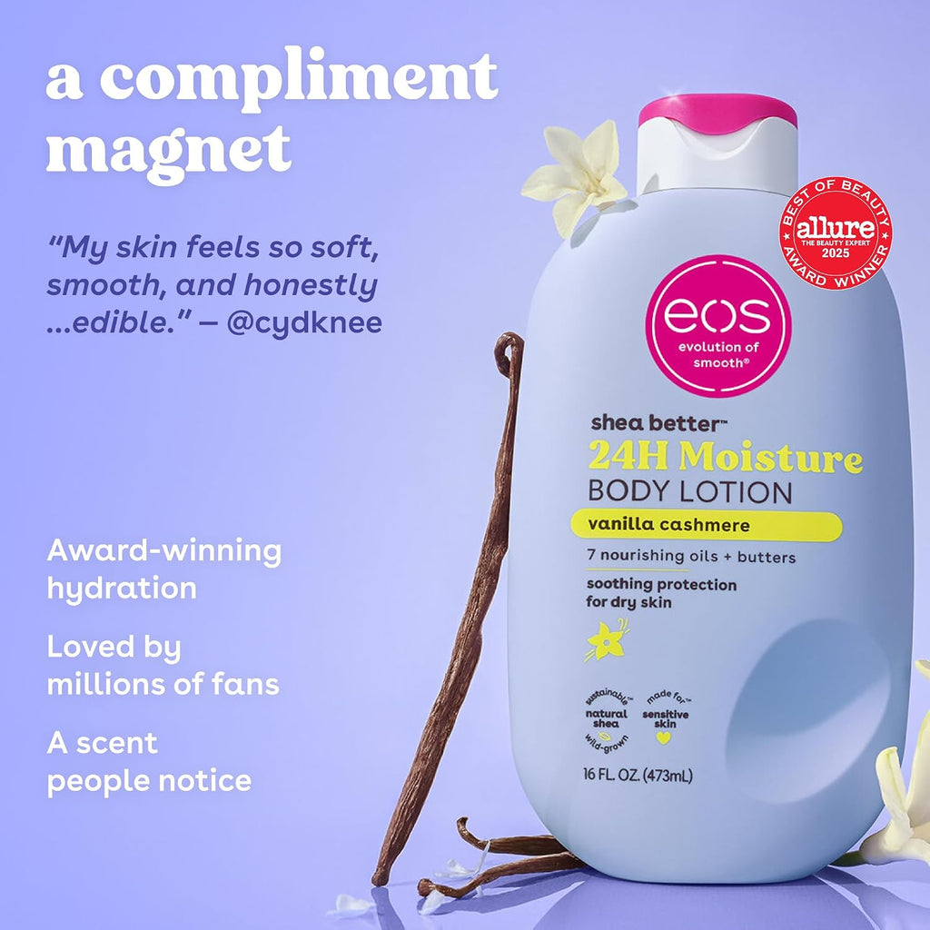 EOS shea butter 24H moisture body lotion bottle with vanilla cashmere scent on a purple background