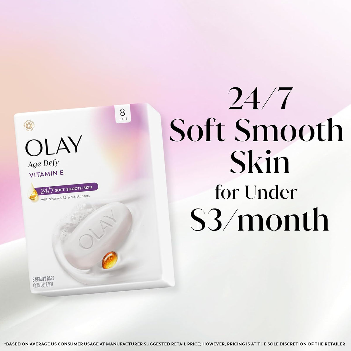 Front-facing Olay Age Defy Vitamin E skincare box showing 6 beauty bars, with a white bar of soap, a gold droplet icon, and a small amber oil drop on a clean white background.