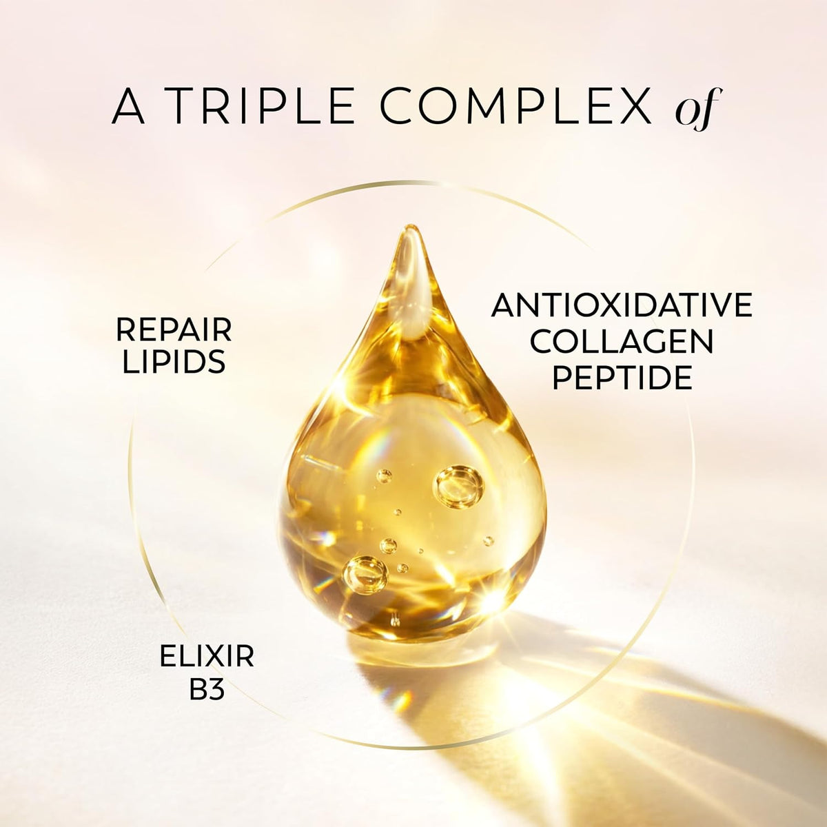 A golden teardrop-shaped cosmetic droplet centered on a warm cream background, with text reading 'A TRIPLE COMPLEX of' and callouts for 'REPAIR LIPIDS,' 'ANTIOXIDATIVE COLLAGEN PEPTIDE,' and 'ELIXIR B3.'.