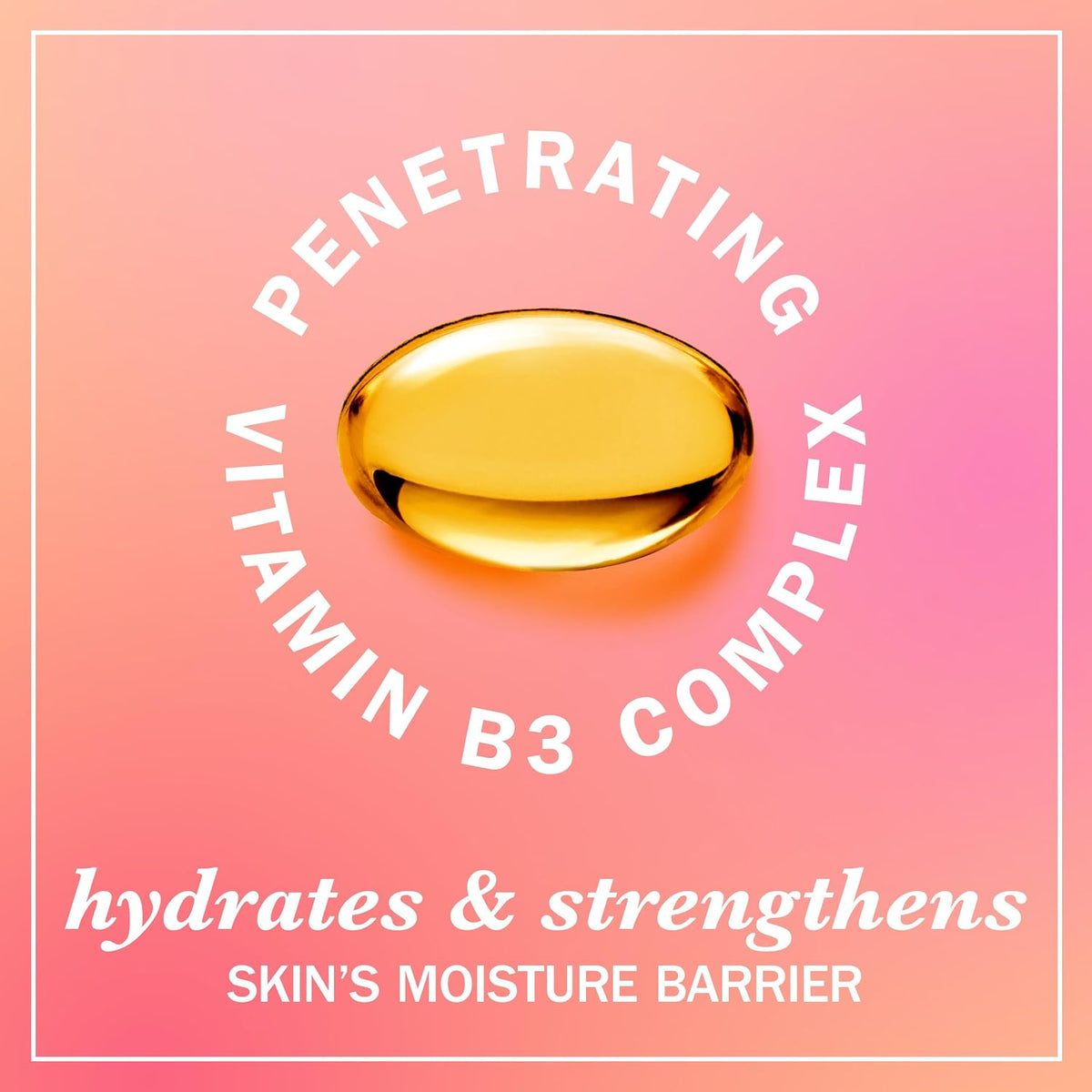 Gold capsule with 'Penetrating Vitamin B3 Complex' text on a pink background