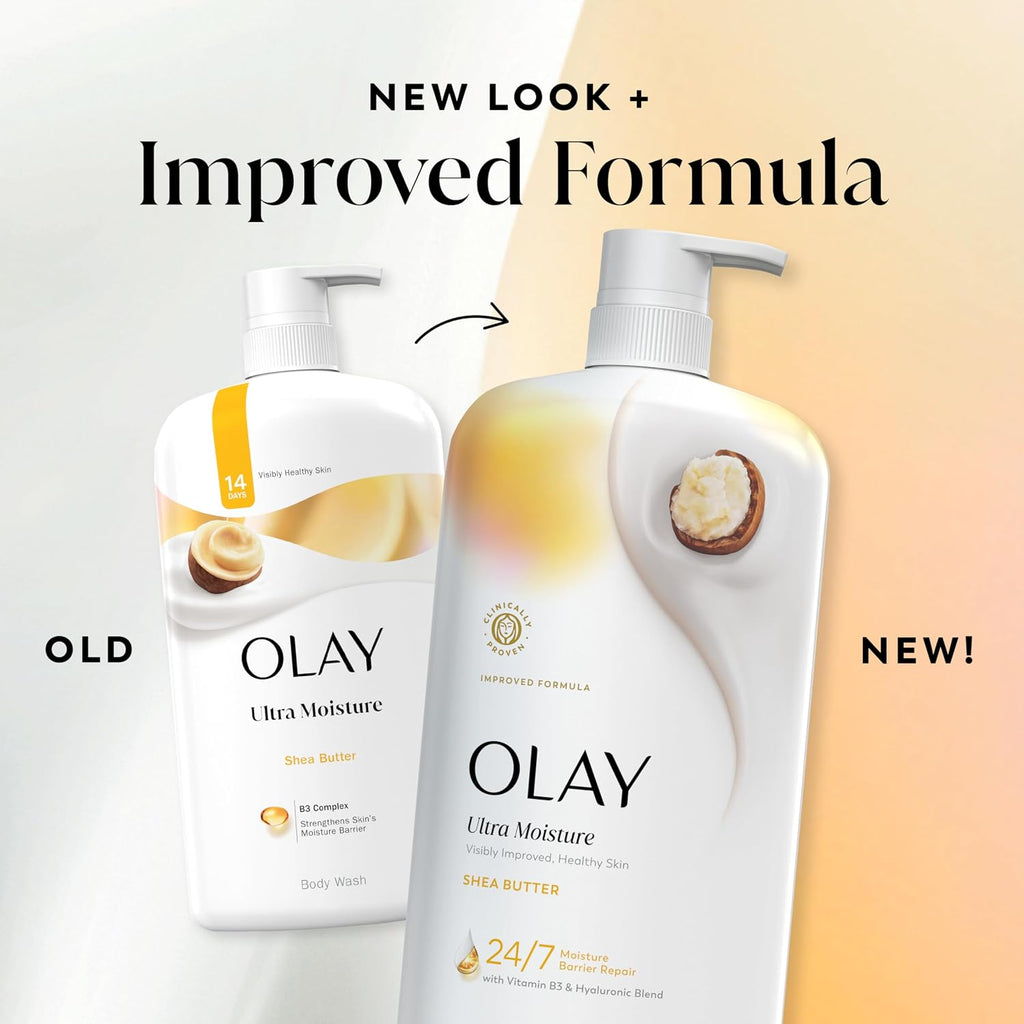 Two Olay Ultra Moisture Shea Butter body wash bottles shown on a clean beige-to-cream gradient background with promotional text reading 'NEW LOOK + Improved Formula,' 'OLD,' and 'NEW!'. The right bottle is labeled as the new improved formula version and is larger and more prominent.