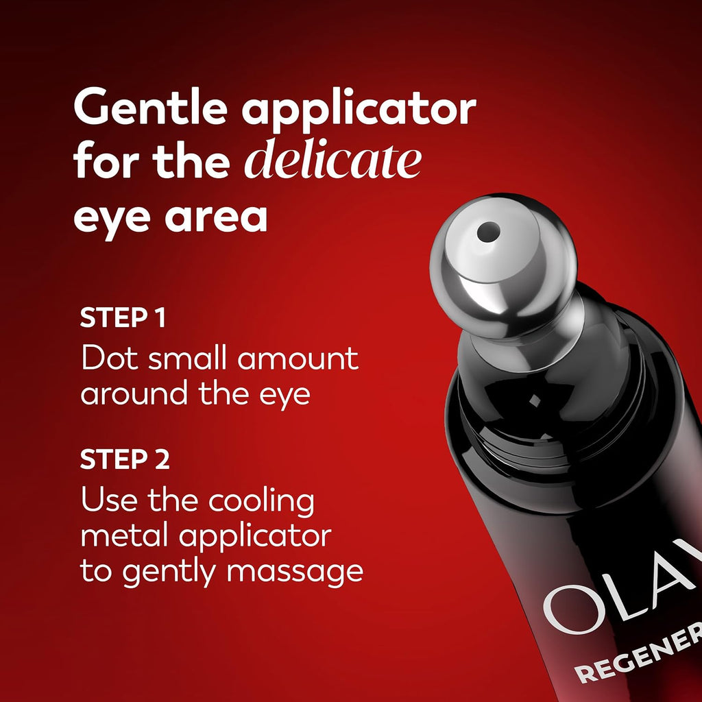 OLAY Regenerist eye cream with usage instructions on a red background
