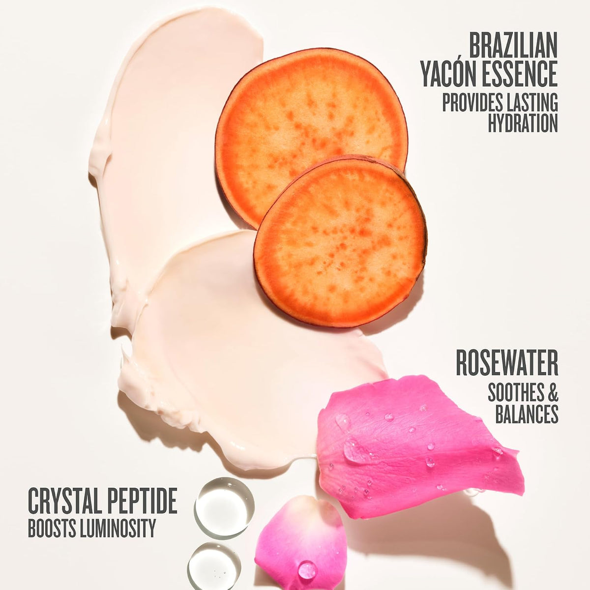 Cosmetic product with Yacon essence, rosewater, and crystal peptide on a light background