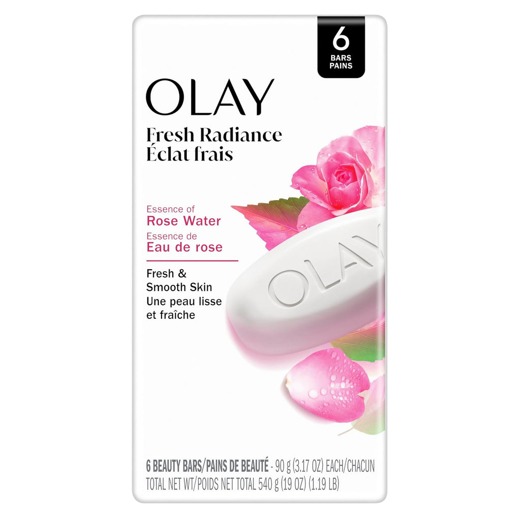 Olay Fresh Radiance Eclair Frais skincare bar soap packaging, featuring a white box with pink rose graphics and a depiction of the white oval soap bar.