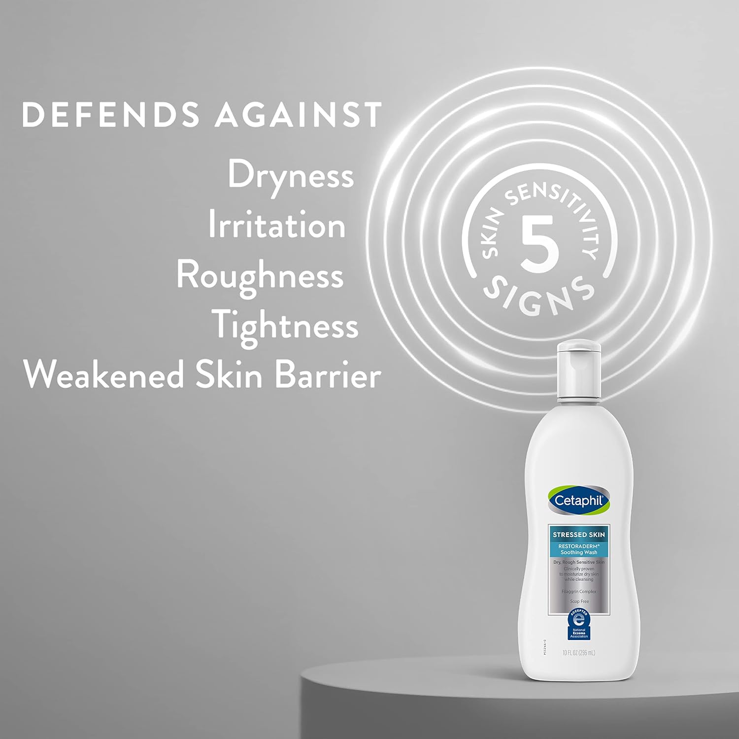 Cetaphil bottle with text on dryness, irritation, and skin barrier defense on a gray background