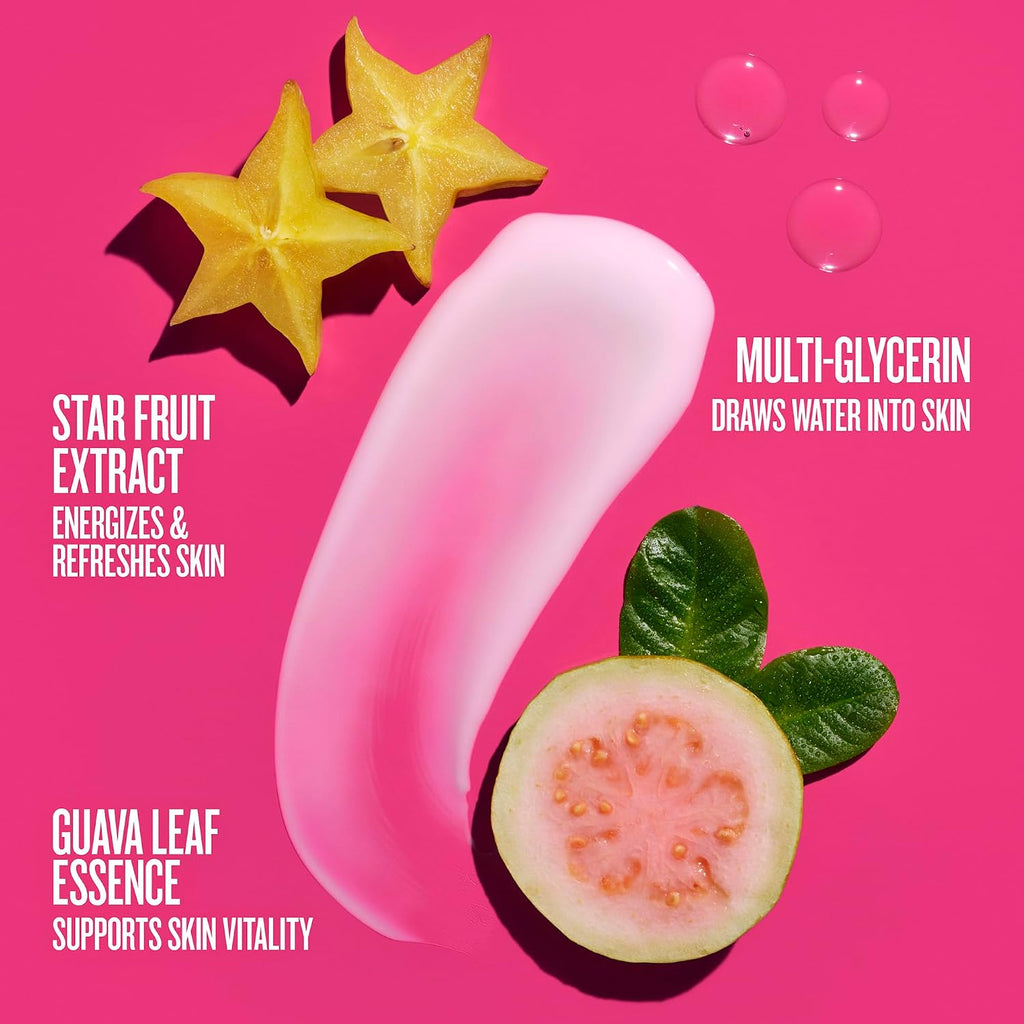 Cosmetic product with star fruit and guava leaf on a pink background