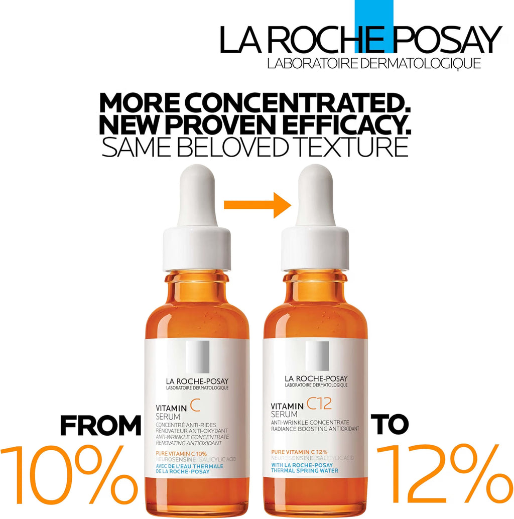 La Roche-Posay Vitamin C serum bottles with text highlighting concentration increase.
