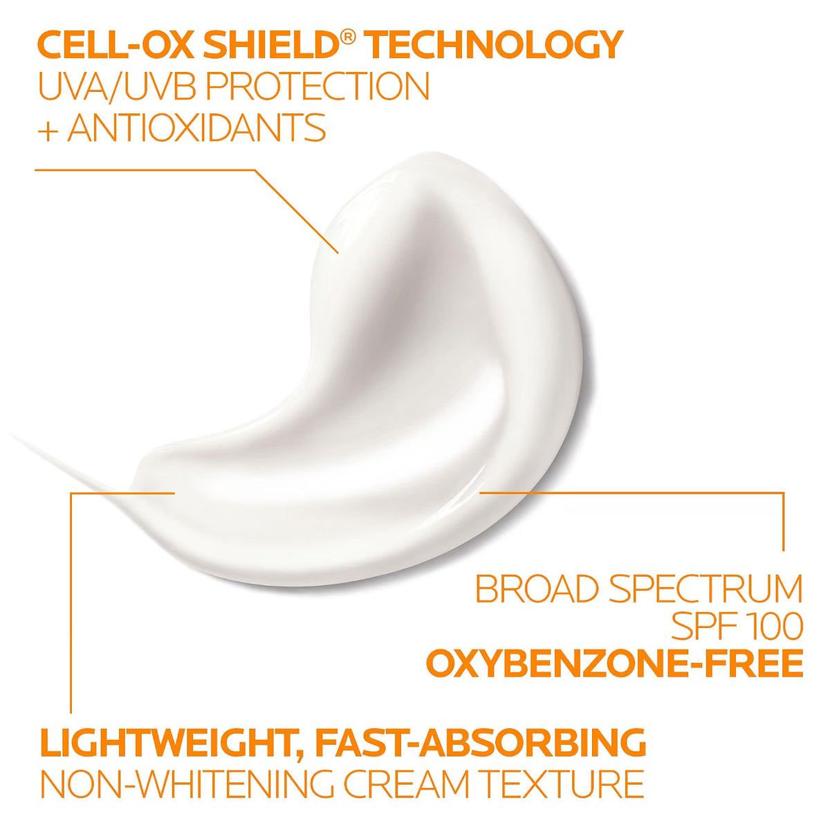 White cream with text highlighting Cell-OX Shield Technology, UVA/UVB protection, antioxidants, SPF 100, oxybenzone-free, and non-whitening cream texture.