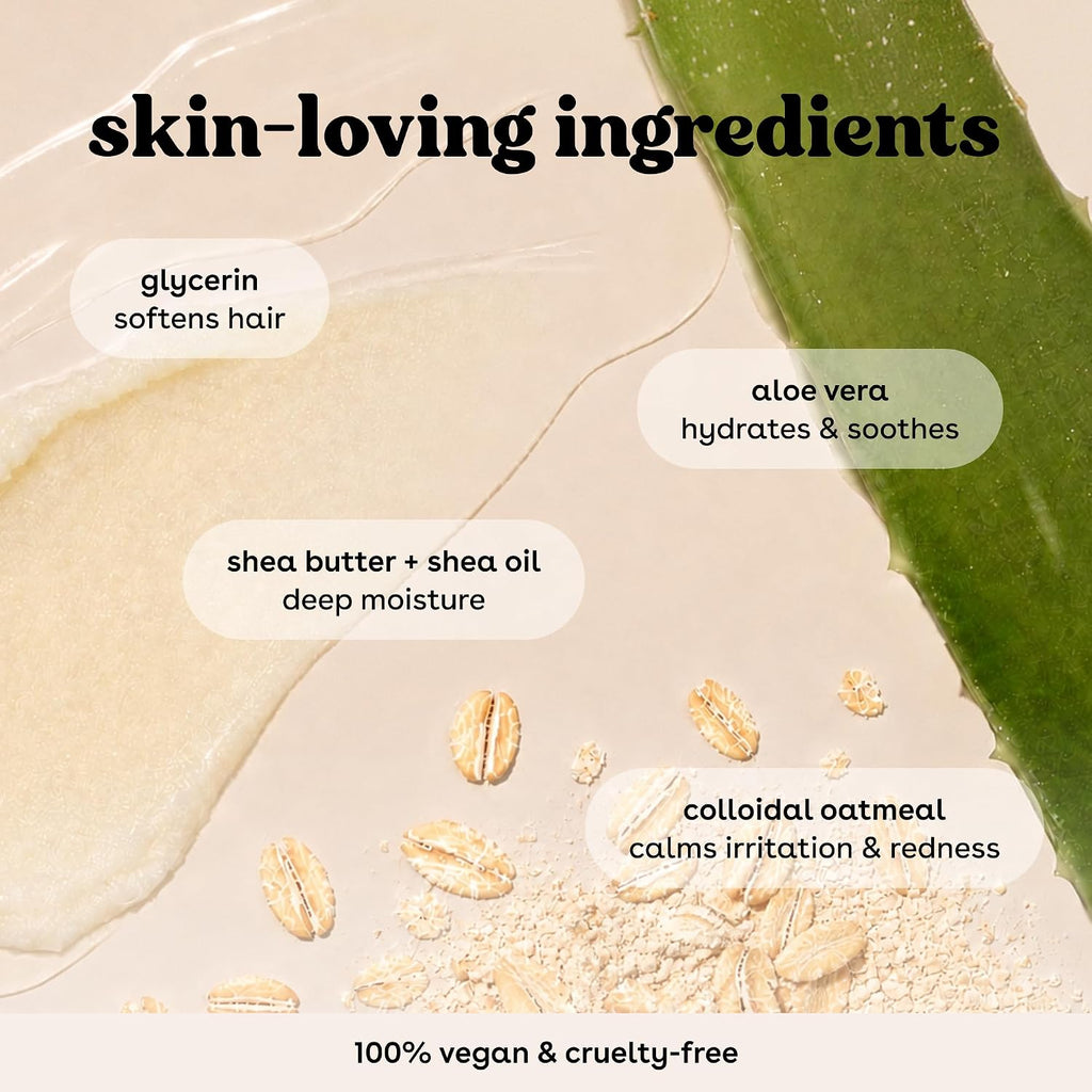 Promotional graphic for a skincare product highlighting key ingredients: a smear of pale yellow serum, a green aloe vera leaf, scattered oatmeal flakes, and text reading 'skin-loving ingredients' with descriptions of glycerin, aloe vera, shea butter, and colloidal oatmeal.