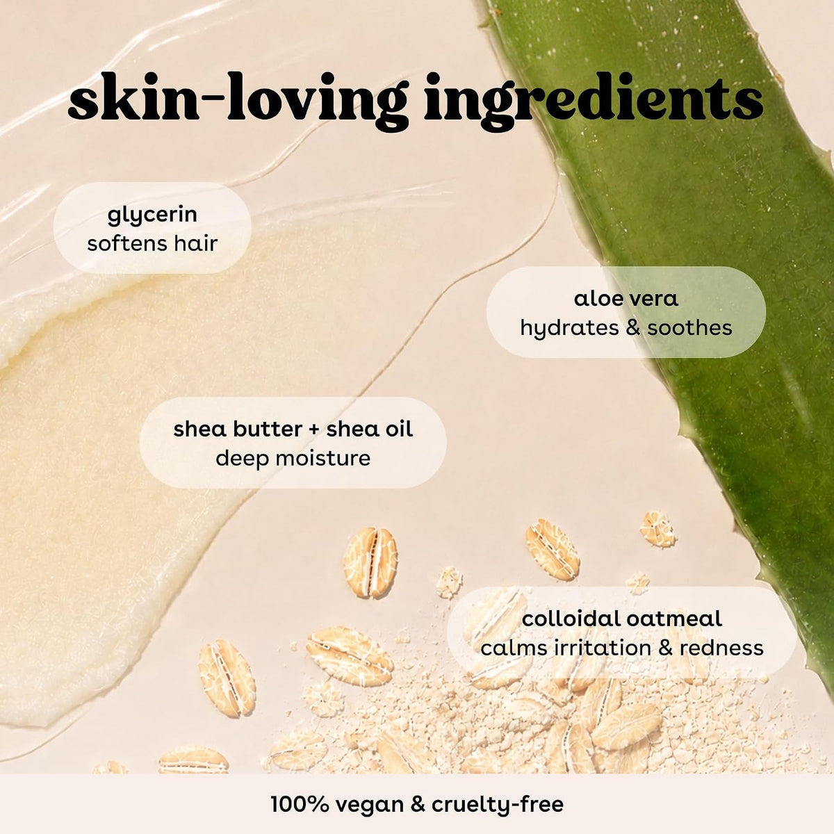 Promotional graphic for a skincare product highlighting key ingredients: a smear of pale yellow serum, a green aloe vera leaf, scattered oatmeal flakes, and text reading 'skin-loving ingredients' with descriptions of glycerin, aloe vera, shea butter, and colloidal oatmeal.