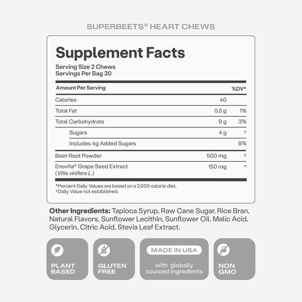 Humann SuperBeets Heart Chews, Nitric Oxide and Blood Pressure Support, Grape Seed Extract & Non-GMO Beet Root Powder Energy Supplement, Pomegranate Berry Flavor, 60 Count