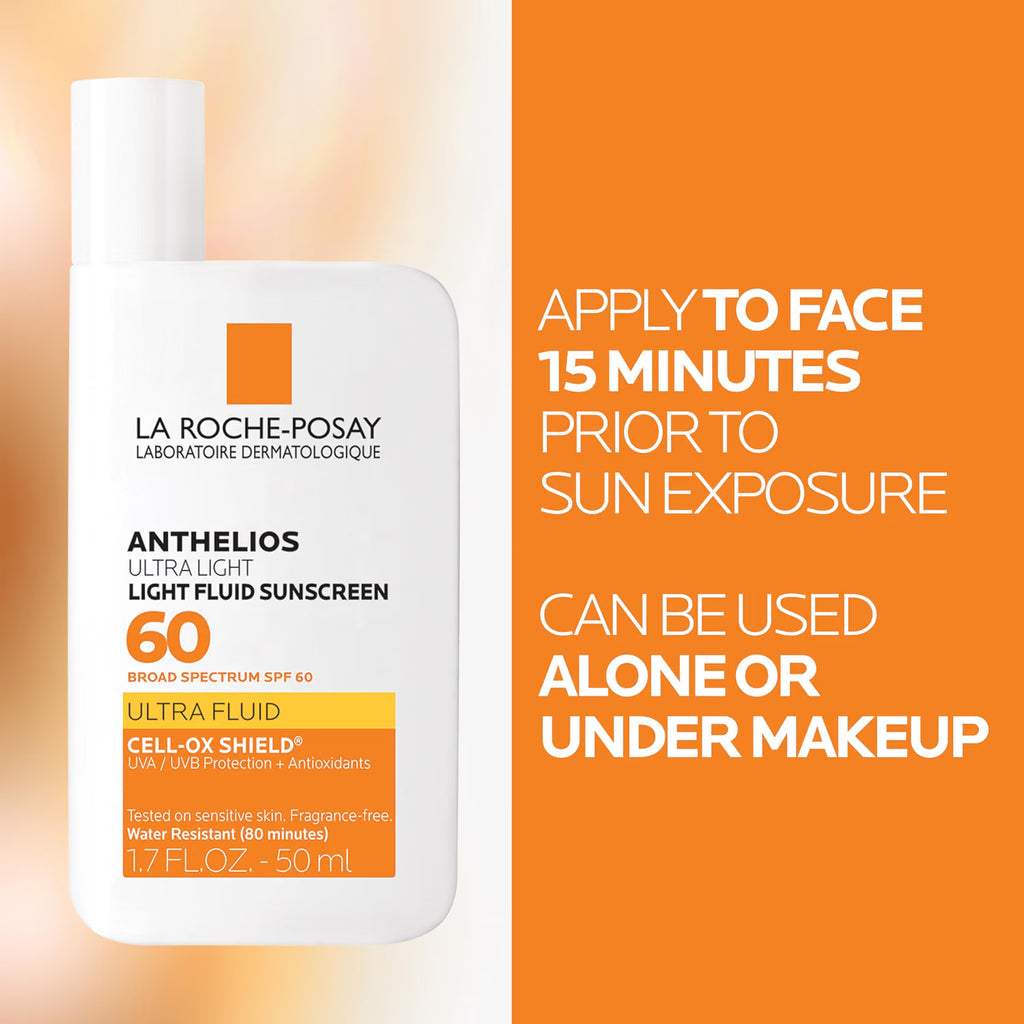 La Roche-Posay sunscreen bottle with application instructions on an orange background