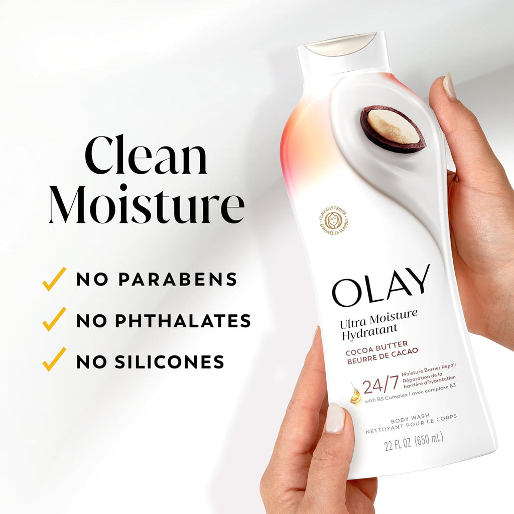 A hand holds an Olay Ultra Moisture Hydratant body wash bottle against a clean white background, with marketing text on the left reading 'Clean Moisture' and bullet points about no parabens, phthalates, and silicones.