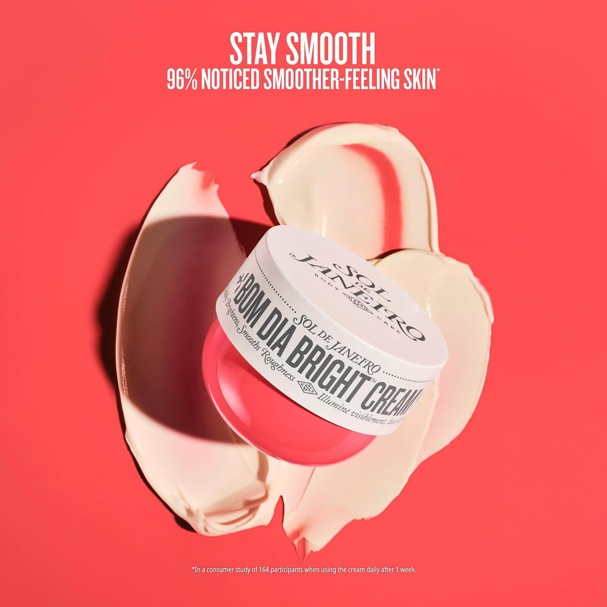 Jar of cream with a pink background and text about skin smoothness.