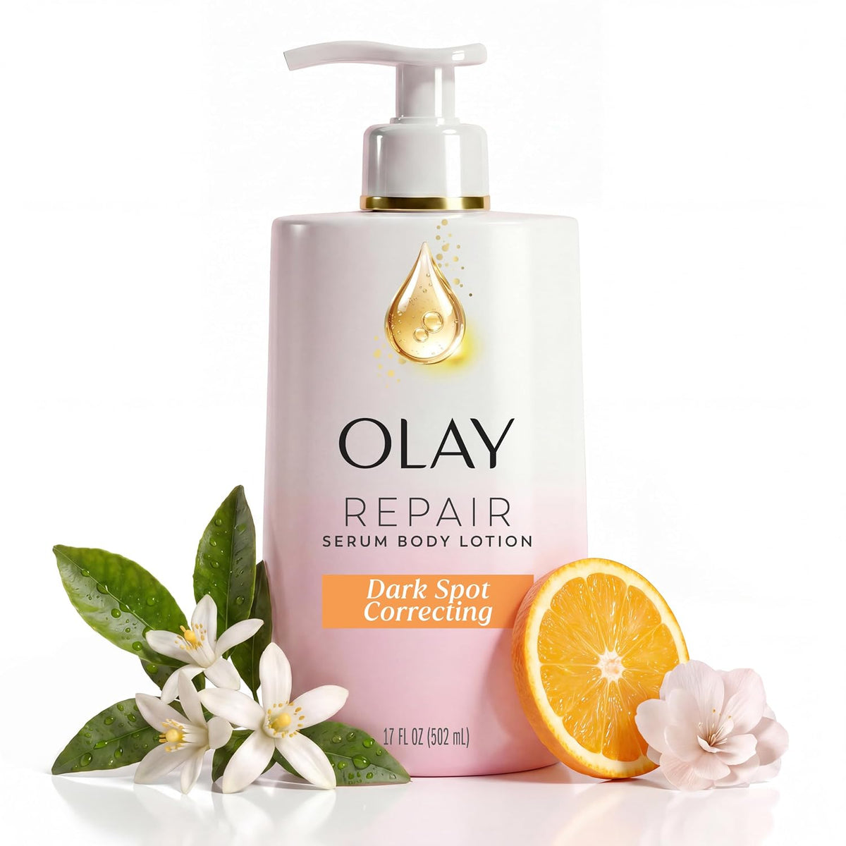 Olay Repair Serum Body Lotion in a white pump bottle with a pink gradient base, styled with white flowers, green leaves, and a sliced orange on a clean white background.