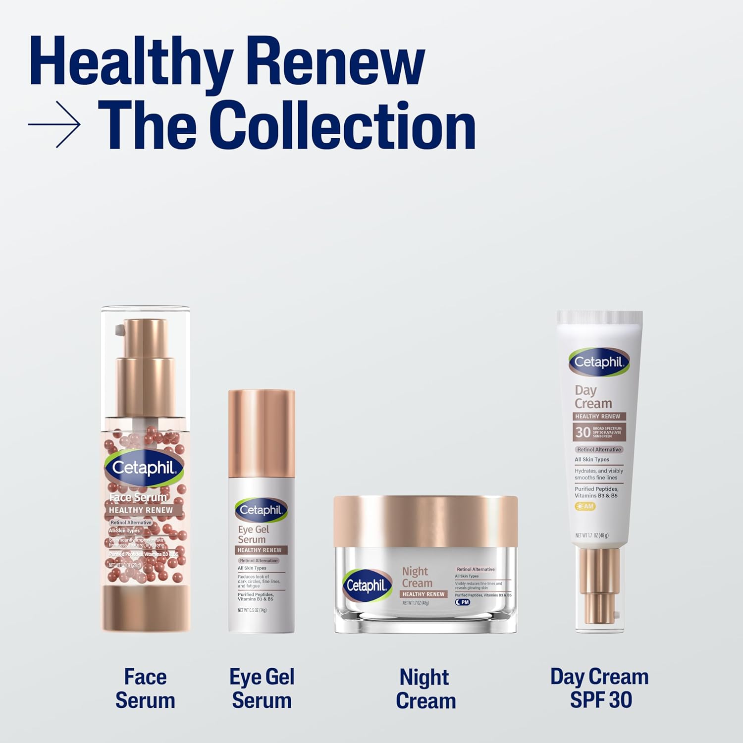 Cetaphil skincare products including Face Serum, Eye Gel Serum, Night Cream, and Day Cream SPF 30 on a light gray background.