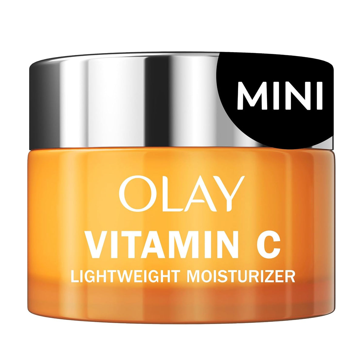 Olay Vitamin C Lightweight Moisturizer jar with silver lid on a white background