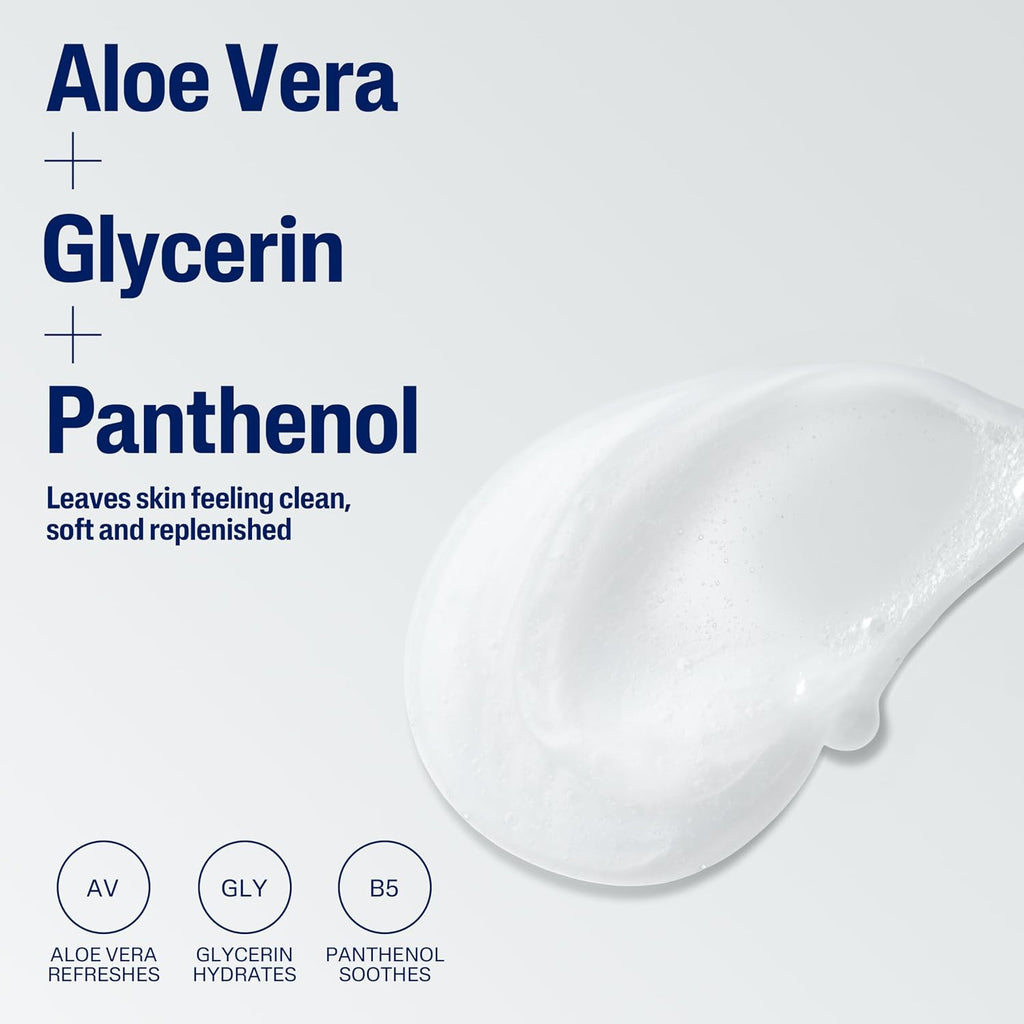 Product description with Aloe Vera, Glycerin, and Panthenol text on a white background with a droplet of clear liquid.
