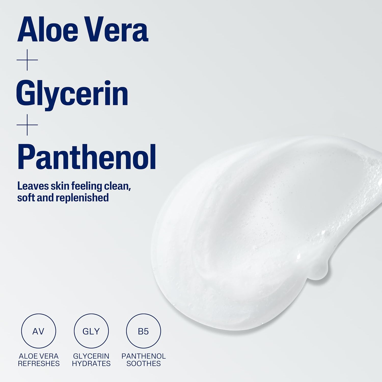 Product description with Aloe Vera, Glycerin, and Panthenol text on a white background with a droplet of clear liquid.