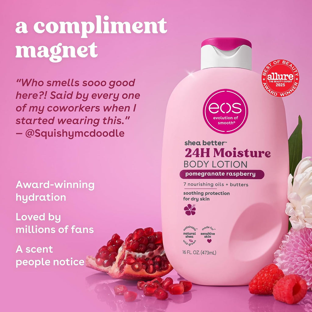 EOS 24H Moisture Body Lotion bottle with pomegranate raspberry flavor on a pink background