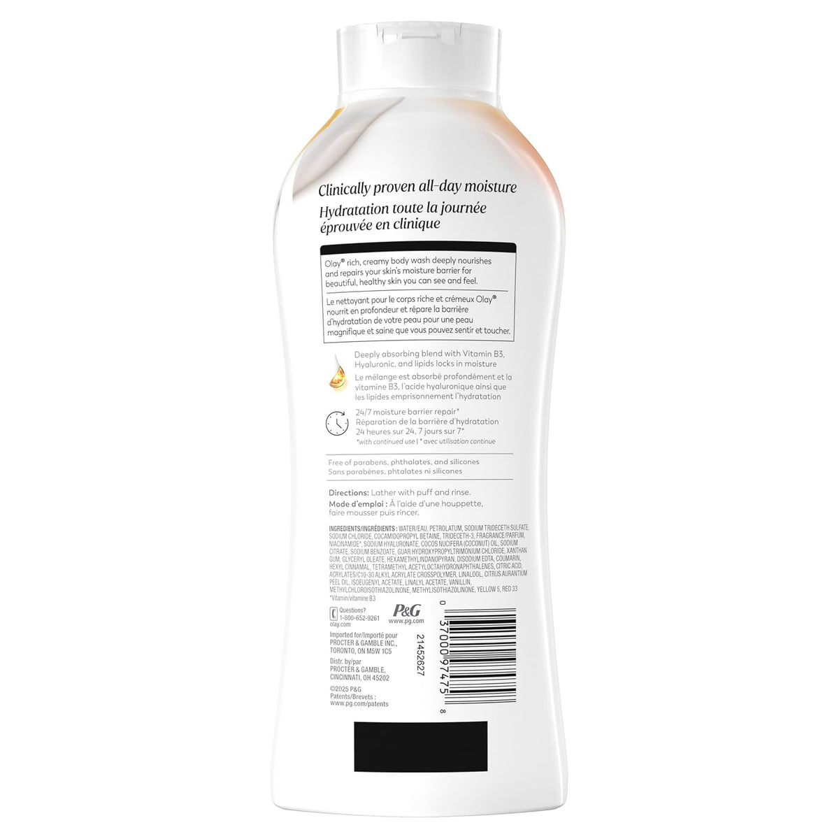 Back label of a white bottle on a white background