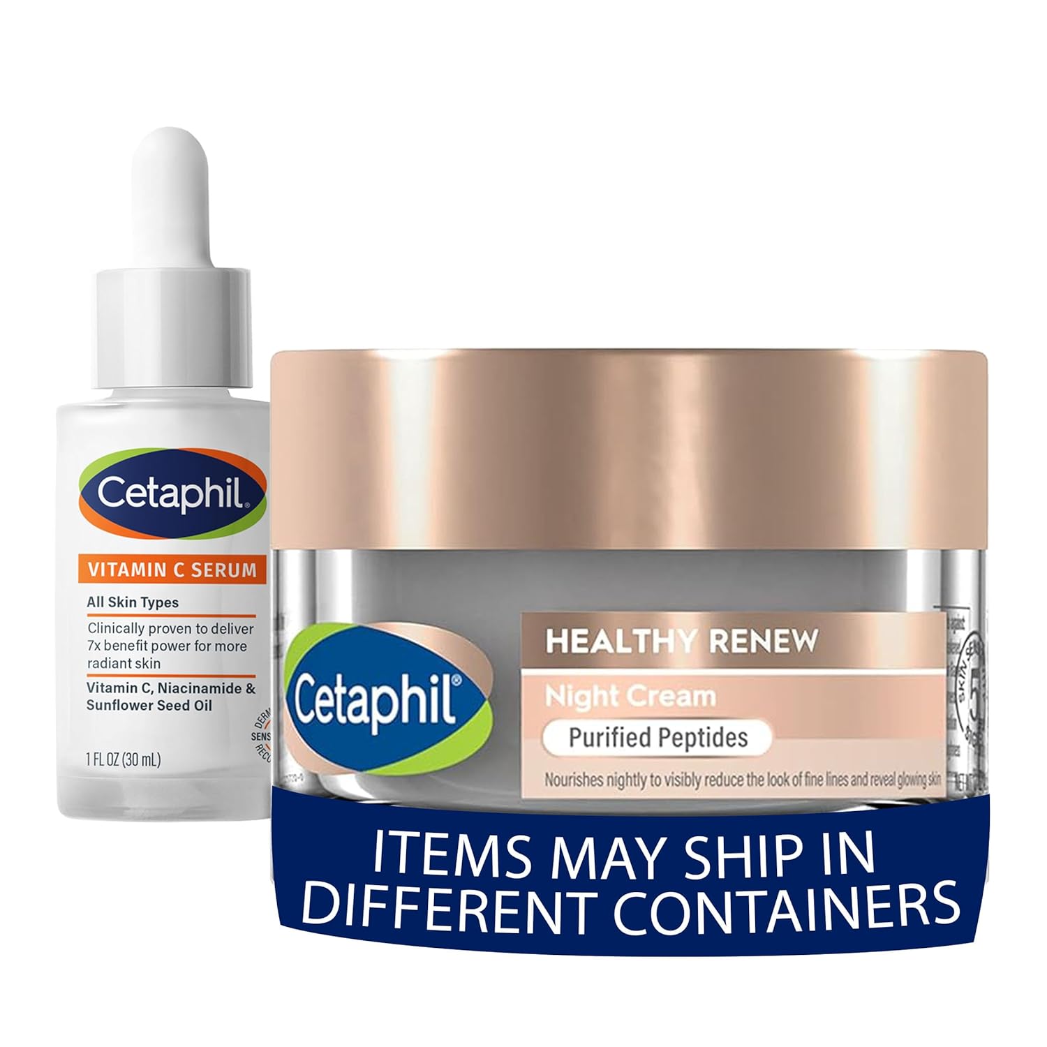 Cetaphil skincare set featuring a white bottle of Vitamin C Serum and a silver jar of Night Cream with a rose gold lid, shown on a white background with a blue shipping banner at the bottom.