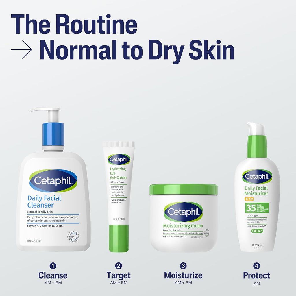 Cetaphil skincare products for normal to dry skin on a light gray background