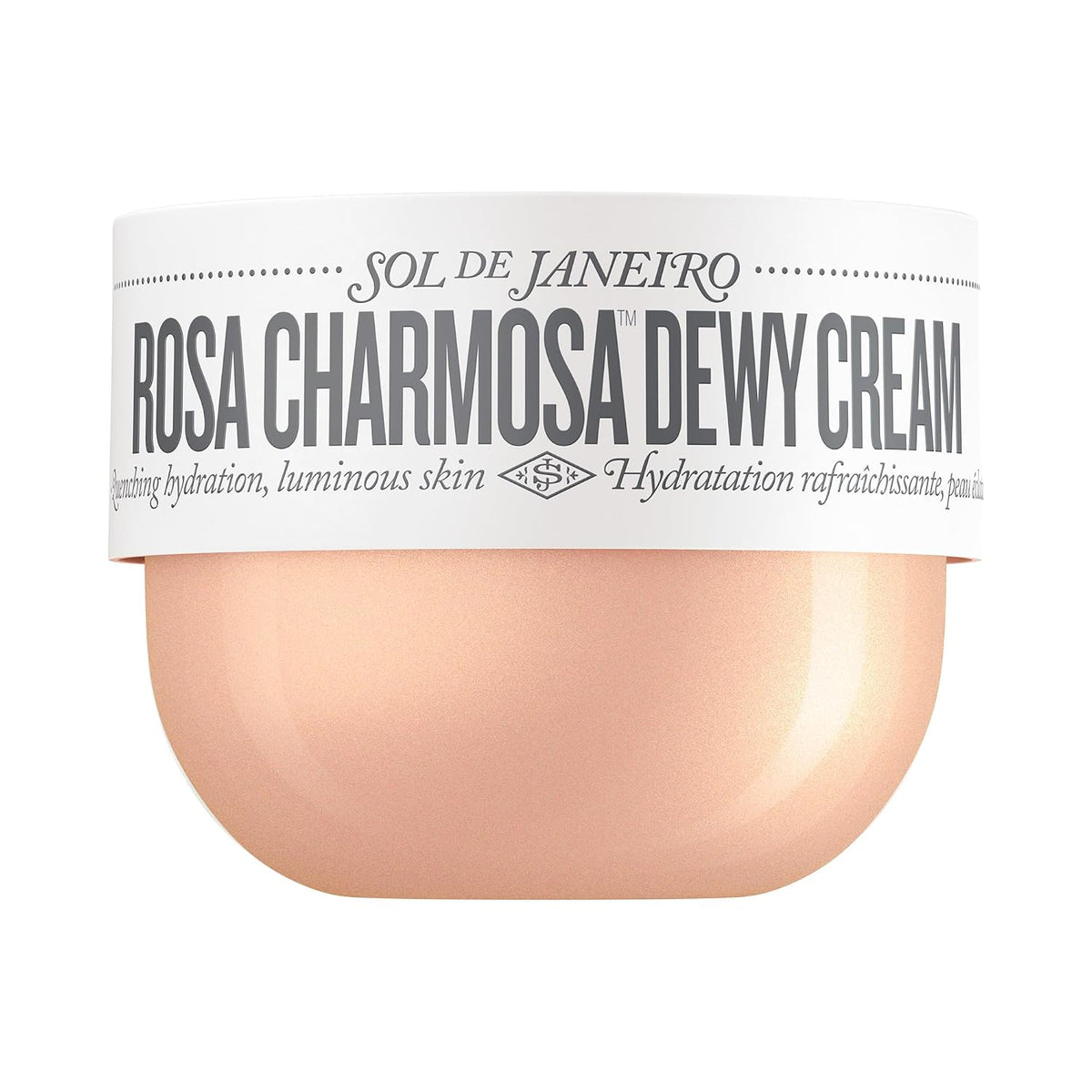Sol de Janeiro Rosa Charmosa Dewy Cream in a pearlescent light peach jar with a white label featuring black text.
