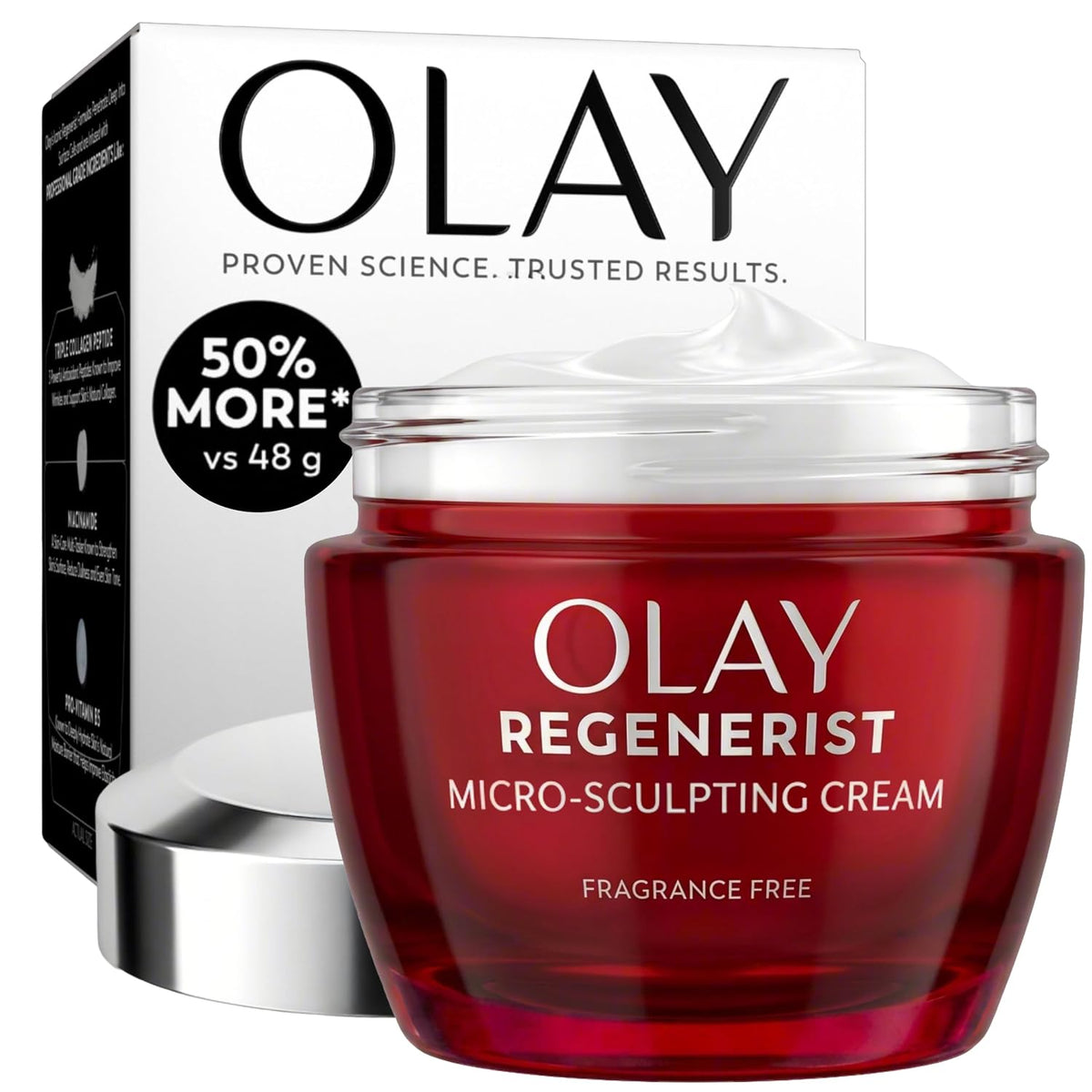 Olay Regenerist Micro-Sculpting Cream in a red jar with a silver lid, shown in front of its white and black retail box on a white background.