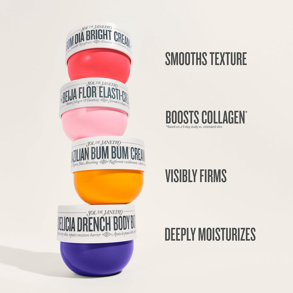 Stack of colorful skincare products with text highlighting their benefits on a white background