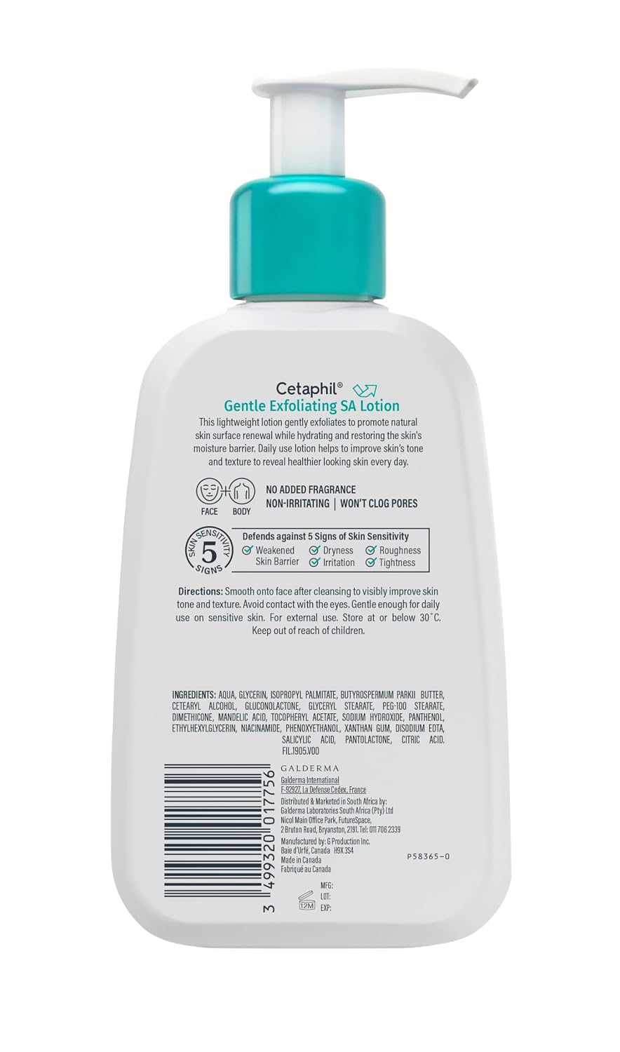 The back view of a Cetaphil Gentle Exfoliating SA Lotion bottle, showing the white plastic bottle, teal pump, and detailed product information and ingredients printed on the back, set against a plain white background.