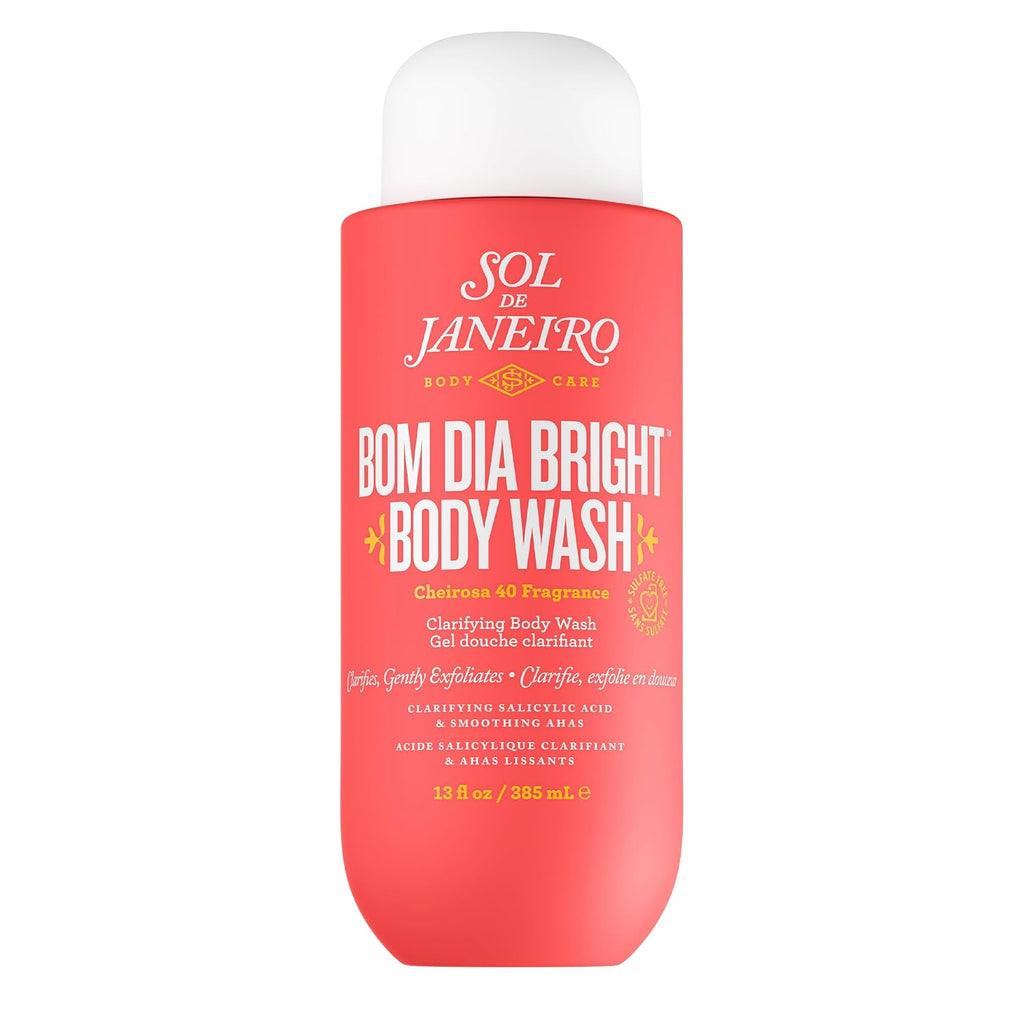 Sol de Janeiro Bom Dia Bright Body Wash in a 12 fl oz coral pink bottle with a white cap, shown on a plain white background.